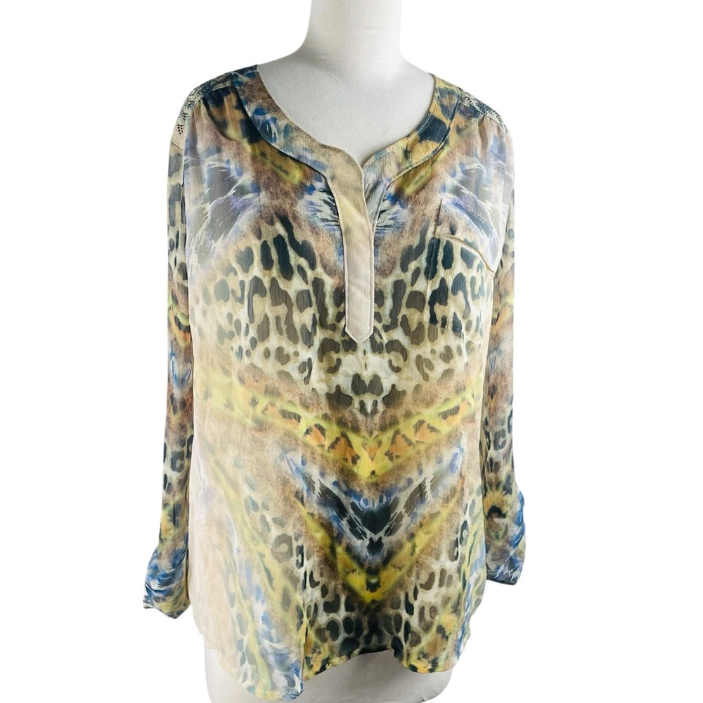 One World Leopard Print Long‎  Sleeved Blouse with Blue Accents, Sz Small